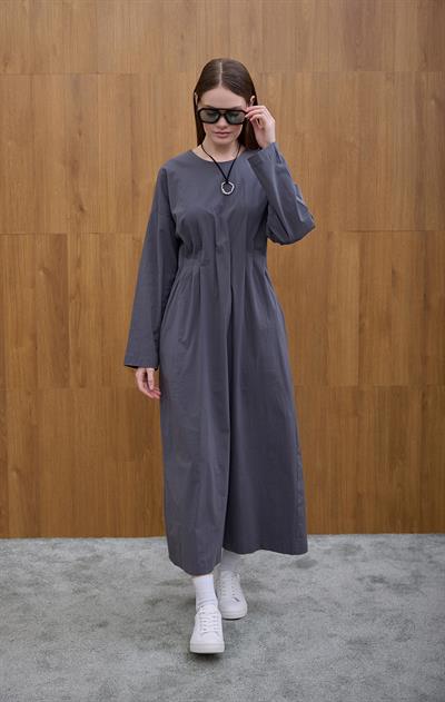Gri Gizli Pile Detaylı Elbise