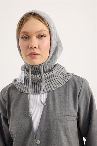 Gri Yarı Fitilli Balaclava Triko Bere