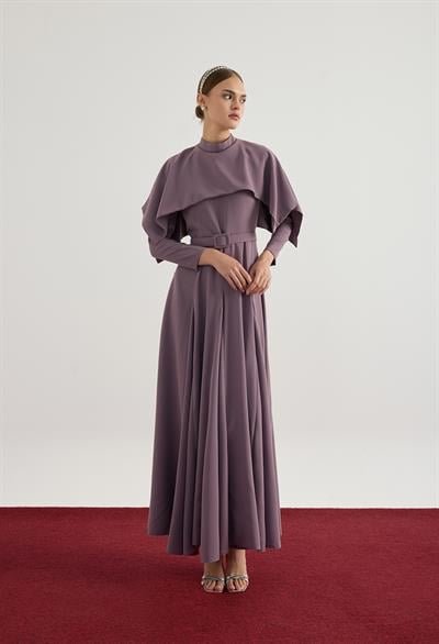 Gül Kurusu Asimetrik Kesim Pelerinli Elbise