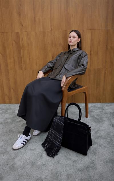 Haki Önden Cep Detaylı Deri Ceket