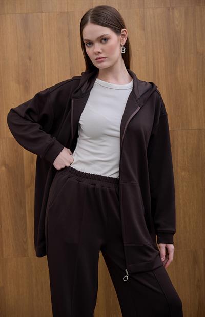 Kahverengi Cosy Kapüşon Detaylı Hırka