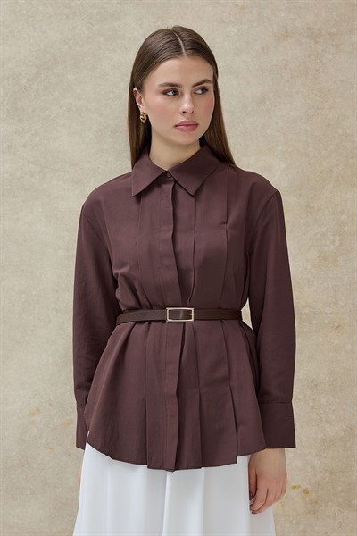 Kahverengi Nevara Gizli Dikiş Detaylı Gömlek 