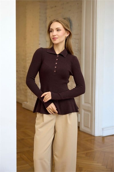 Kahverengi Polo Yaka Peplumlu Triko Kazak