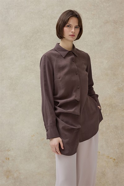 Kahverengi Runa Pileli Asimetrik Gömlek 