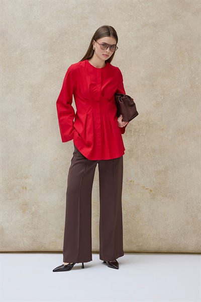 Kırmızı Mirel Geniş Kol Pileli Gömlek 