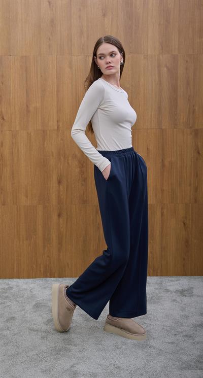 Lacivert Beli Lastikli Bol Paça Pantolon