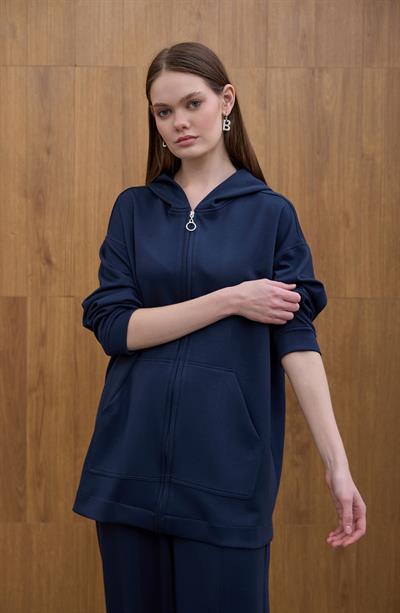 Lacivert Cosy Kapüşon Detaylı Hırka