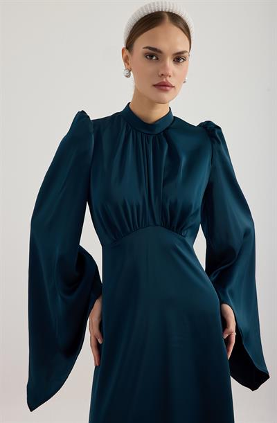 Petrol Mavisi Geniş Kol Detaylı Elbise