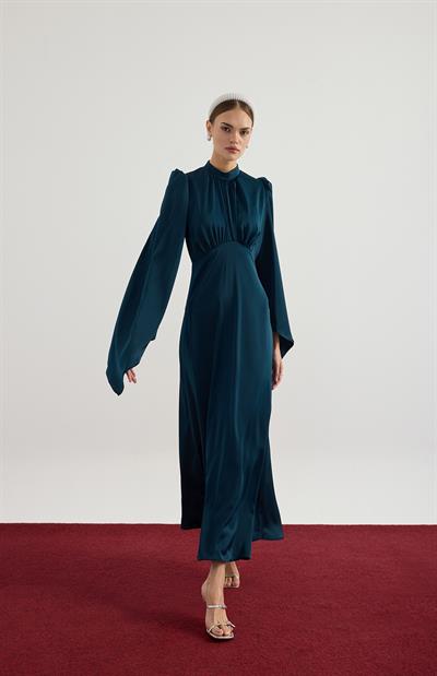 Petrol Mavisi Geniş Kol Detaylı Elbise