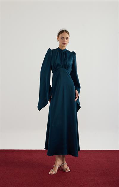 Petrol Mavisi Geniş Kol Detaylı Elbise