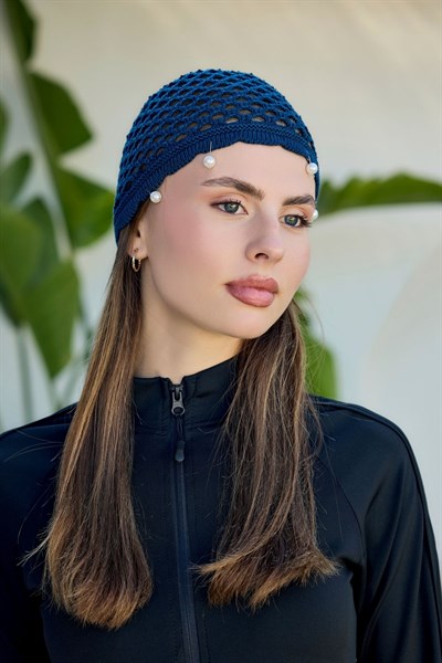 Lacivert İnci İşlemeli File Örgü Bere Bandana