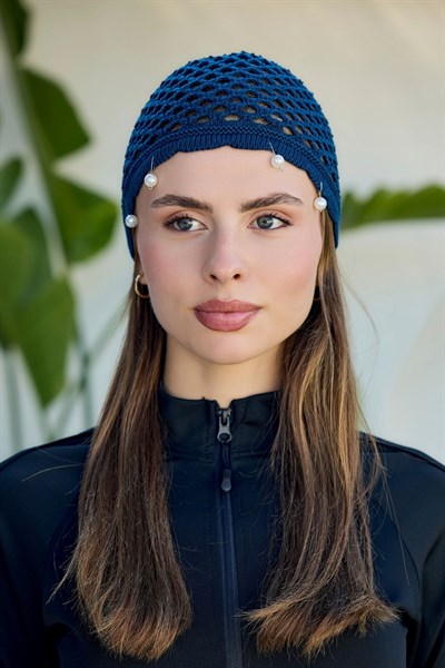 Lacivert İnci İşlemeli File Örgü Bere Bandana