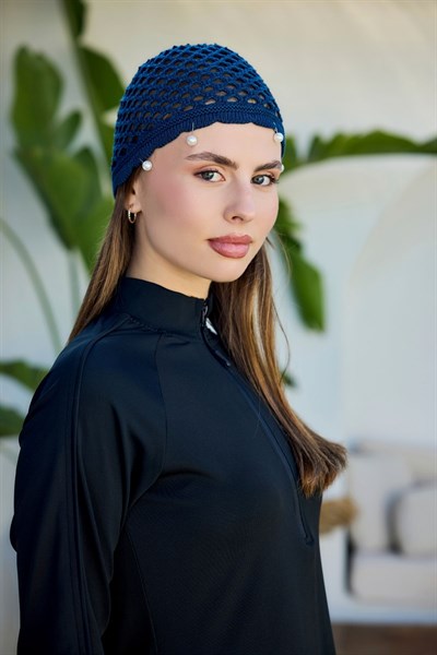 Lacivert İnci İşlemeli File Örgü Bere Bandana
