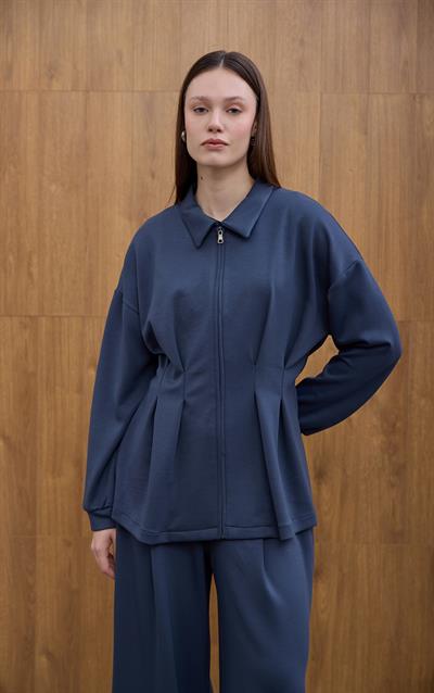 Lacivert Glow Pile Detaylı Fermuarlı Sweat