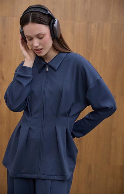 Lacivert Glow Pile Detaylı Fermuarlı Sweat