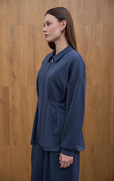 Lacivert Glow Pile Detaylı Fermuarlı Sweat