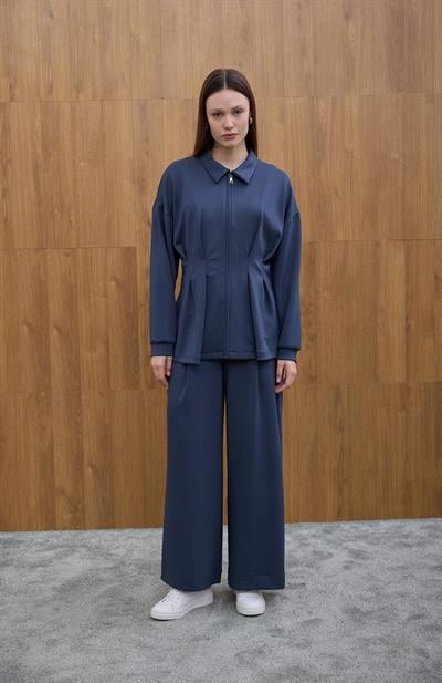 Lacivert Glow Pile Detaylı Fermuarlı Sweat