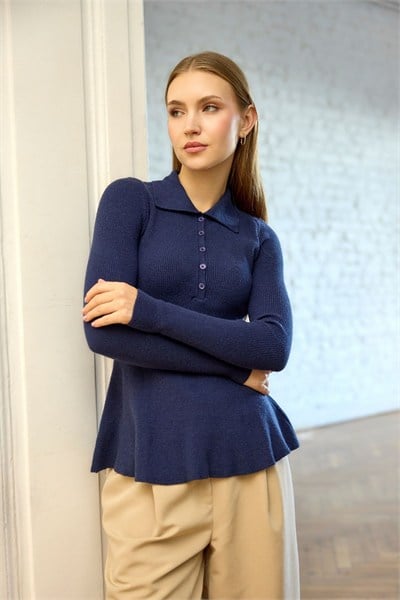 Lacivert Polo Yaka Peplumlu Triko Kazak