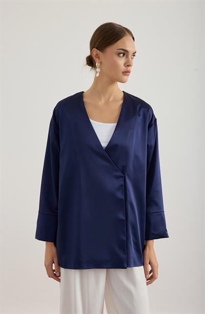Lacivert Saten Kimono Ceket