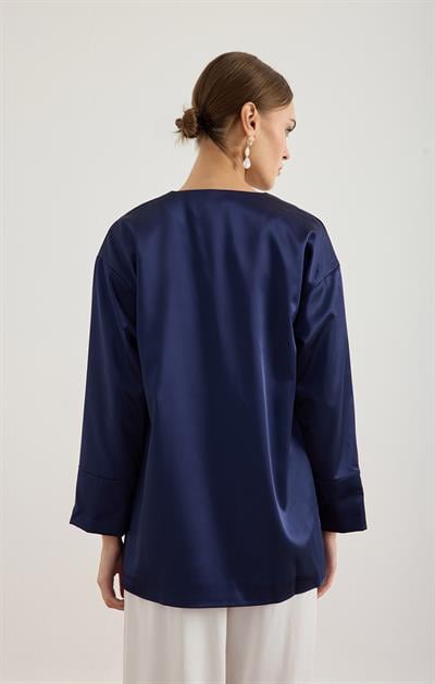 Lacivert Saten Kimono Ceket