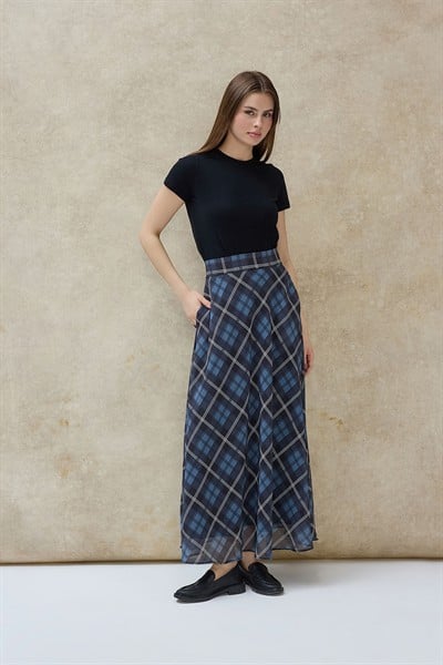 Mavi Rumi Ekoseli Şifon Etek