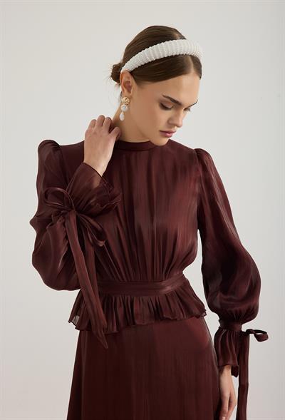 Mürdüm Büzgü Detaylı Janjan Elbise