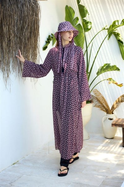 Mürdüm-Pembe Monogram Desenli Pareo Kimono