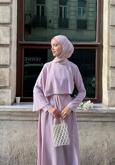 Pudra Pelerin Detaylı Elbise