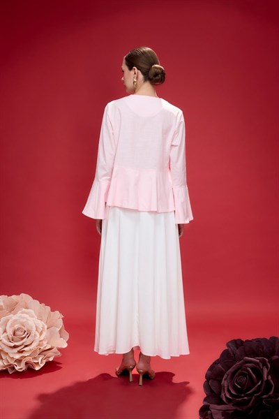 Pudra Petal Volan Detaylı Keten Ceket