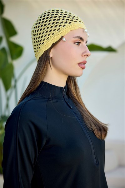 Sarı İnci İşlemeli File Örgü Bere Bandana