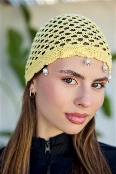 Sarı İnci İşlemeli File Örgü Bere Bandana