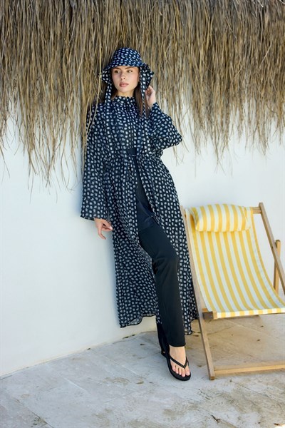 Siyah-Beyaz Monogram Desenli Pareo Kimono