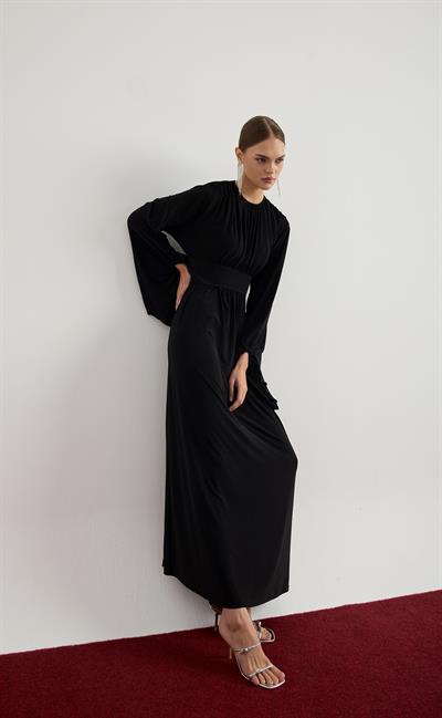 Siyah Geniş Balon Kol Büzgülü Elbise