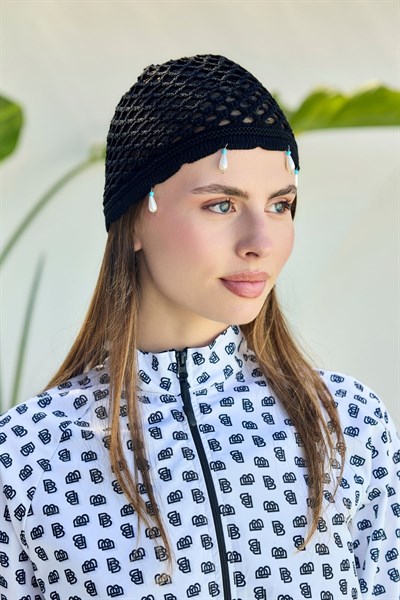 Siyah İnci İşlemeli File Örgü Bere Bandana