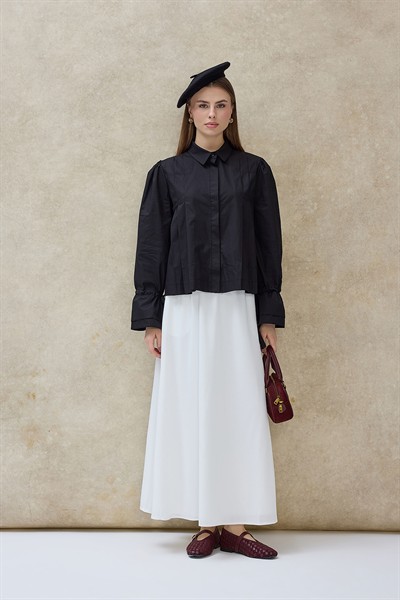 Siyah Liza Kolu Bağcıklı Gömlek 