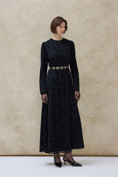 Siyah Mery Flok Desen Elbise