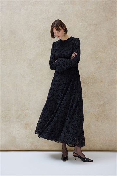 Siyah Mery Flok Desen Elbise