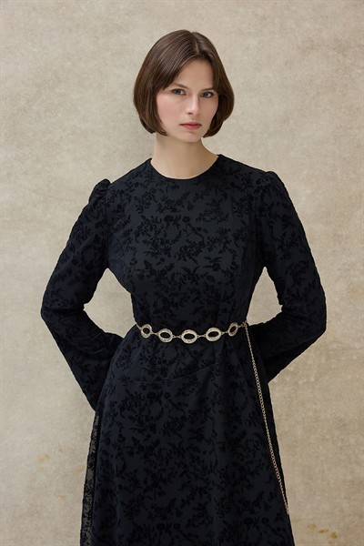 Siyah Mery Flok Desen Elbise