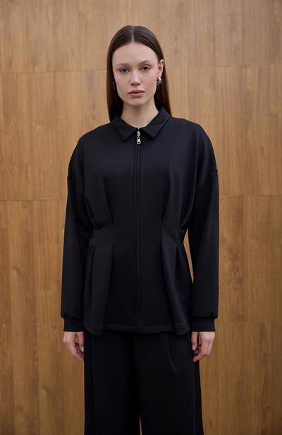 Siyah Glow Pile Detaylı Fermuarlı Sweat