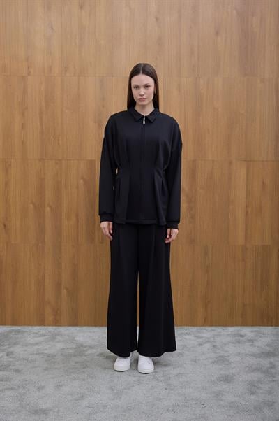 Siyah Glow Pile Detaylı Fermuarlı Sweat