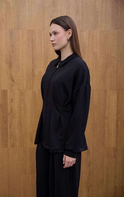 Siyah Glow Pile Detaylı Fermuarlı Sweat