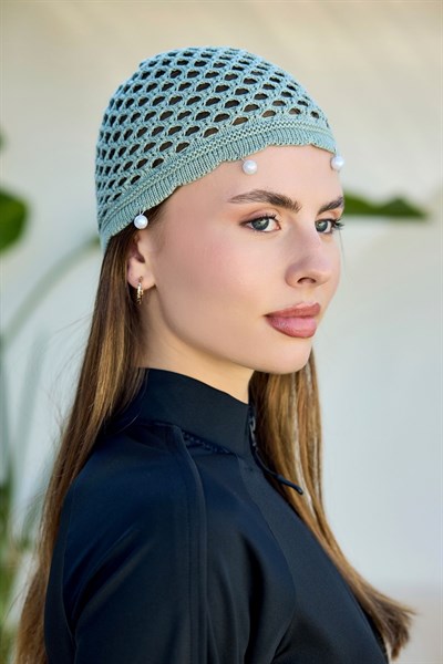 Su Yeşili İnci İşlemeli File Örgü Bere Bandana