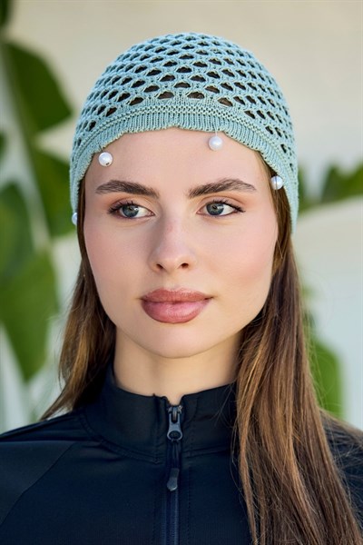 Su Yeşili İnci İşlemeli File Örgü Bere Bandana