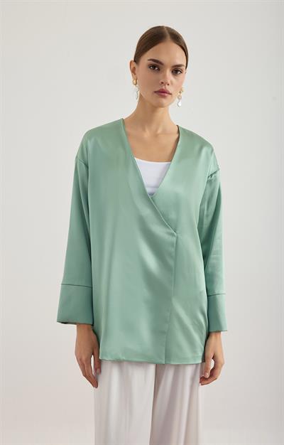 Su Yeşili Saten Kimono Ceket