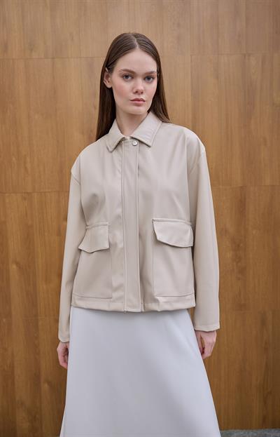 Taş Önden Cep Detaylı Deri Ceket