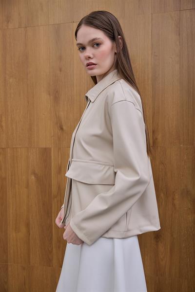 Taş Önden Cep Detaylı Deri Ceket