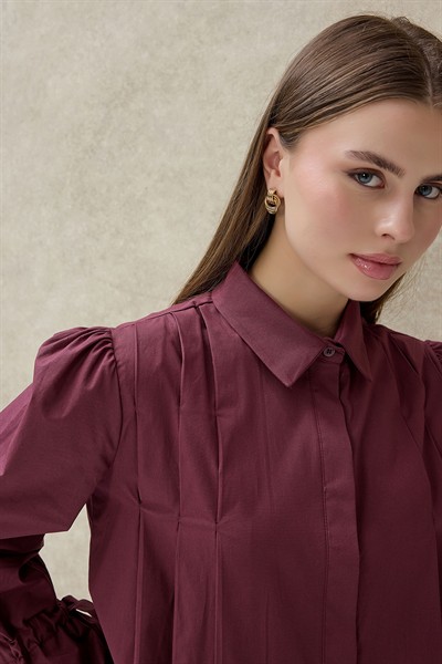 Vişne Liza Kolu Bağcıklı Gömlek 