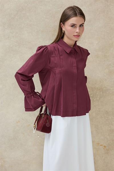 Vişne Liza Kolu Bağcıklı Gömlek 