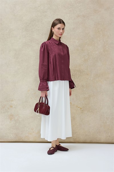 Vişne Liza Kolu Bağcıklı Gömlek 