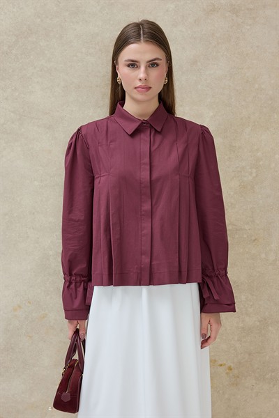 Vişne Liza Kolu Bağcıklı Gömlek 